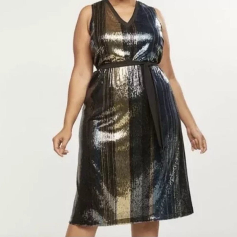NWT Stunning Lane Bryant Sequin V Neck Sashed Dress in Gold, Dark Blue and Black